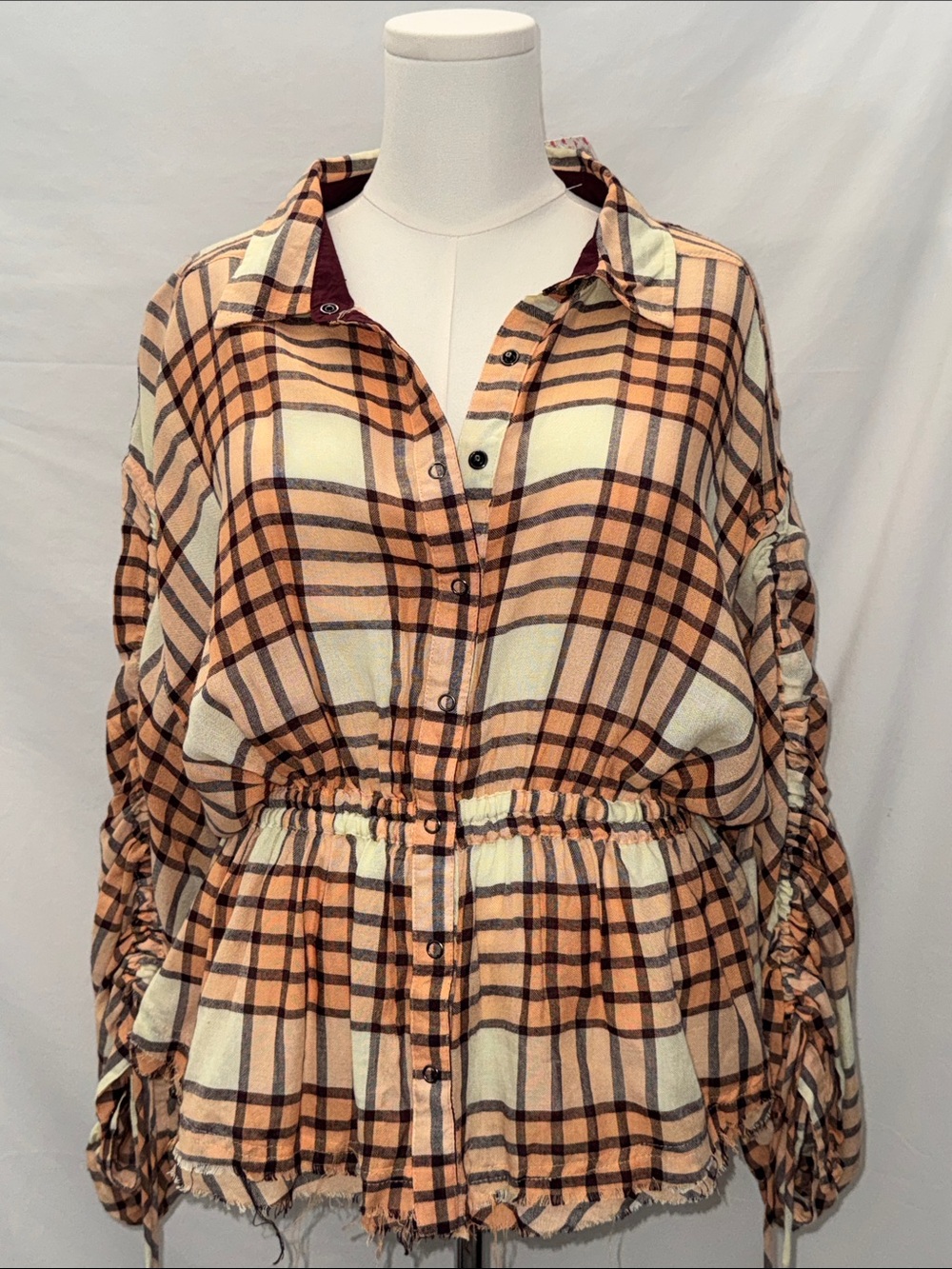 NWT Free People Beige Brown Plaid Button-Down Peplum Shirt